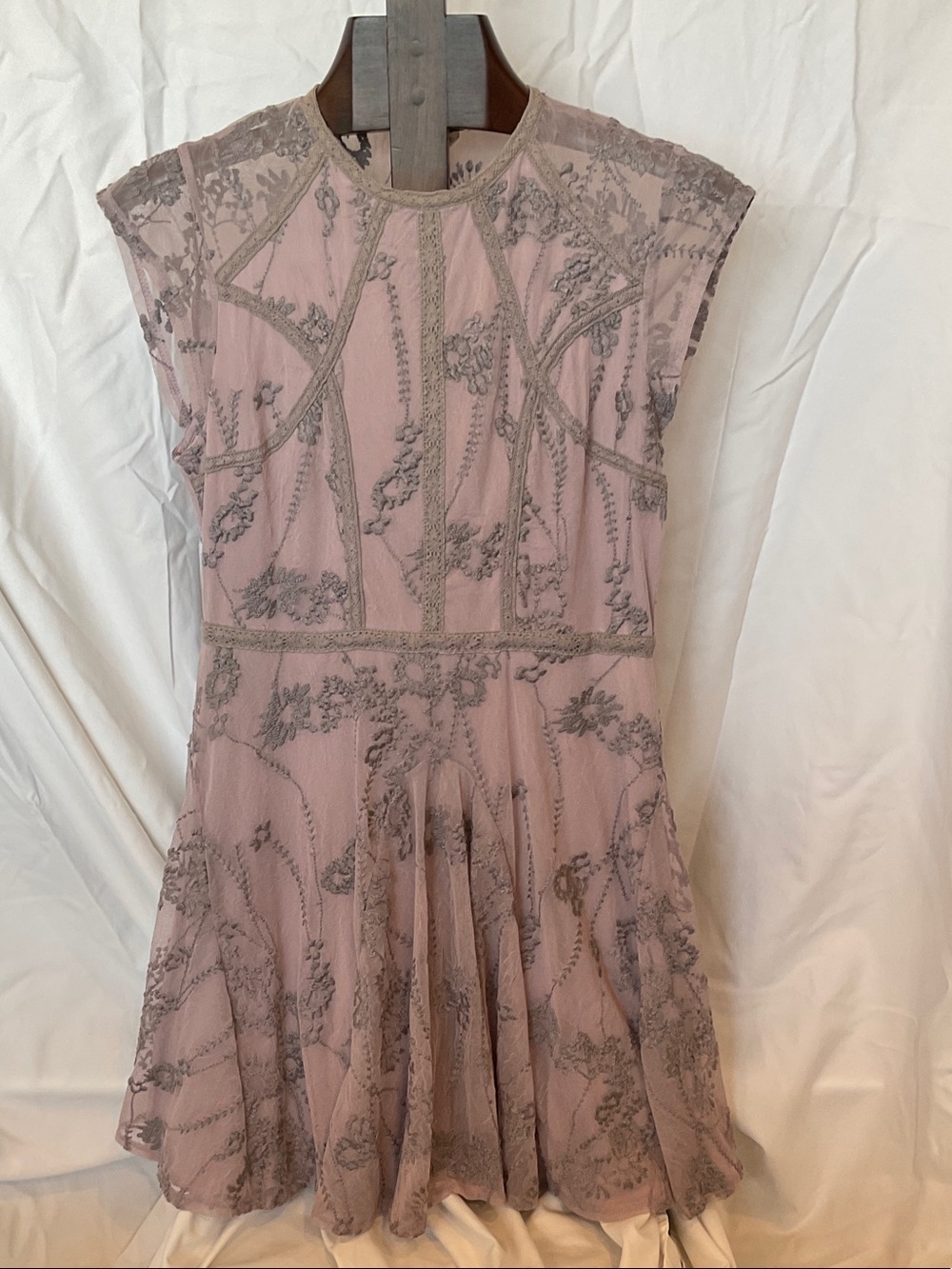 Free People Dusty Pink Mini Dress with Gray Lace Embroidery